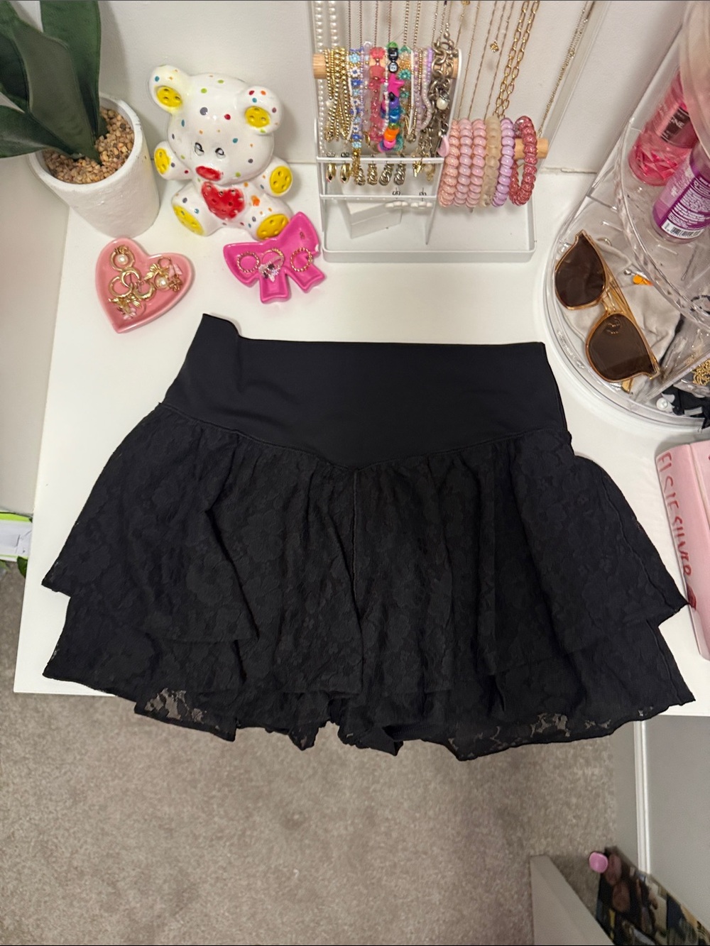 aerie Black Lace Layered Athletic Shorts
